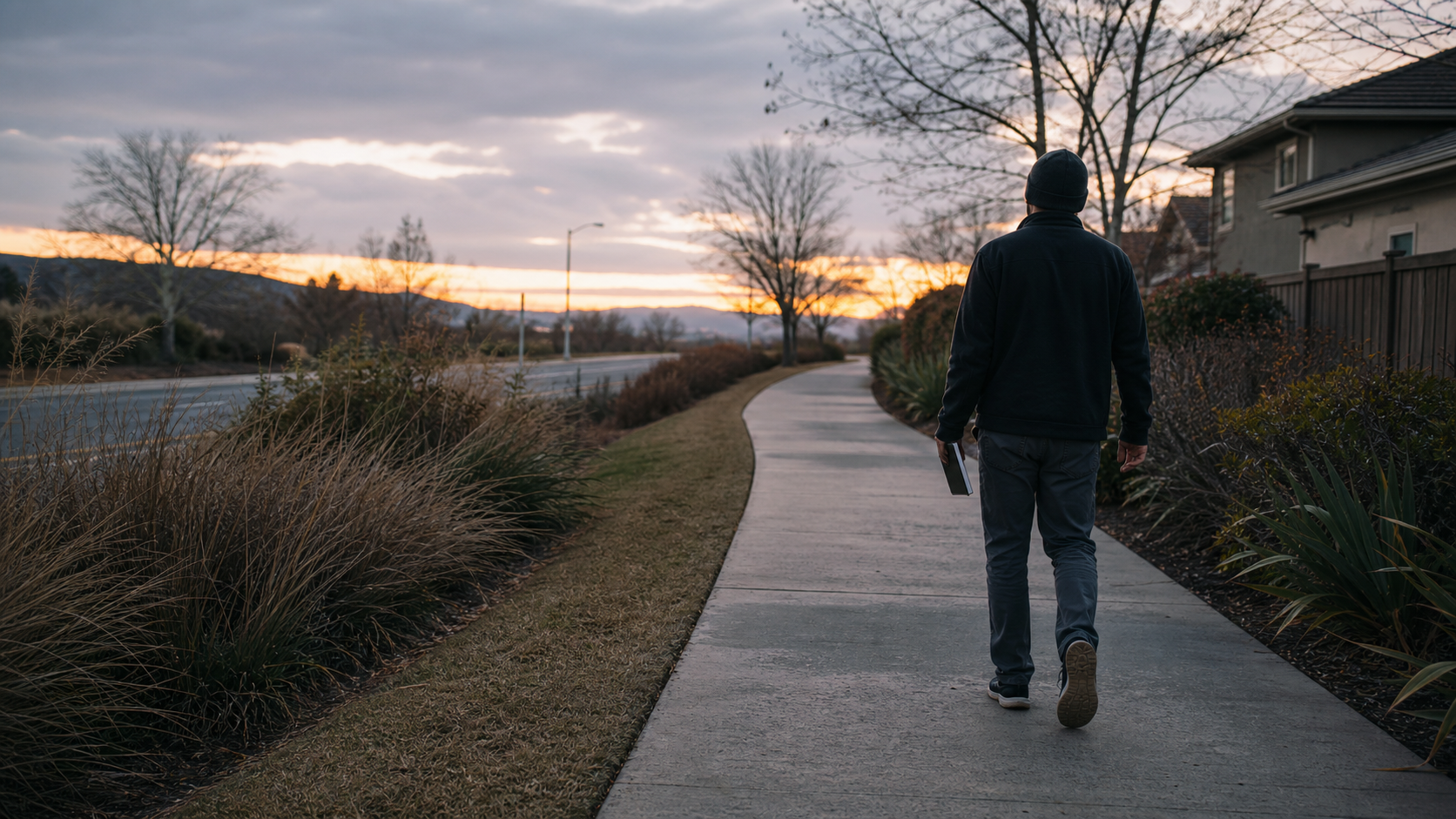 An adult walking outdoors at dawn with a notebook in hand