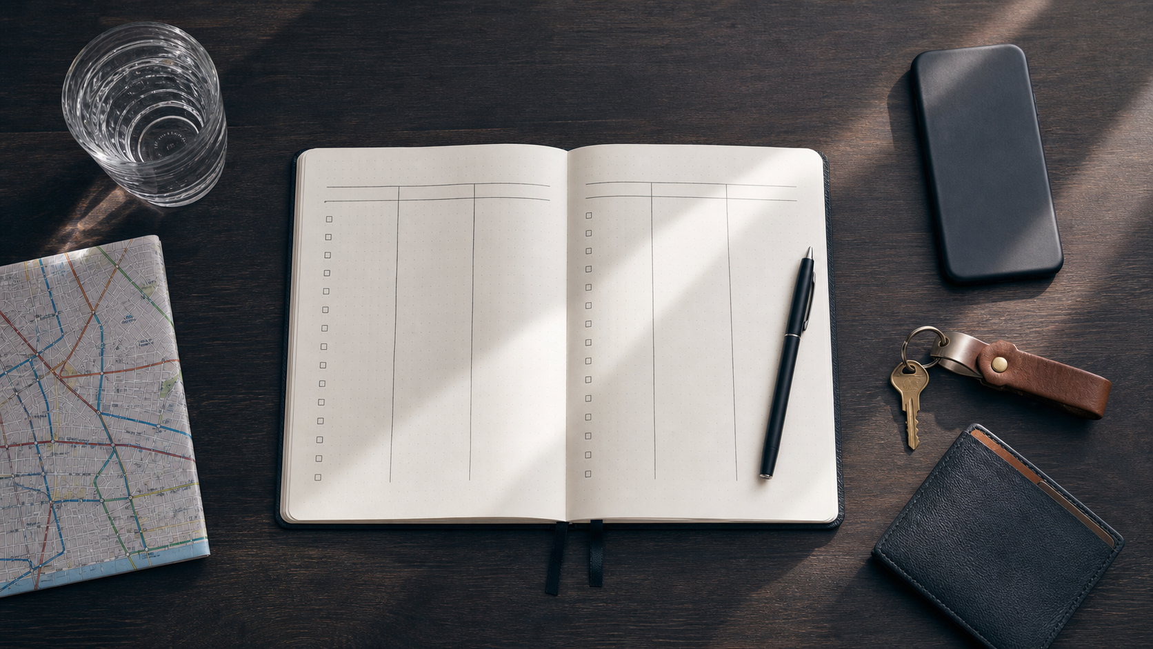 A planning desk with a blank checklist, phone, keys, wallet, and folded map