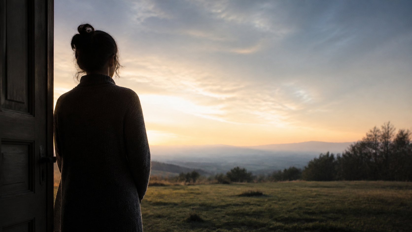 An adult pauses at a doorway at dawn before stepping toward an open landscape
